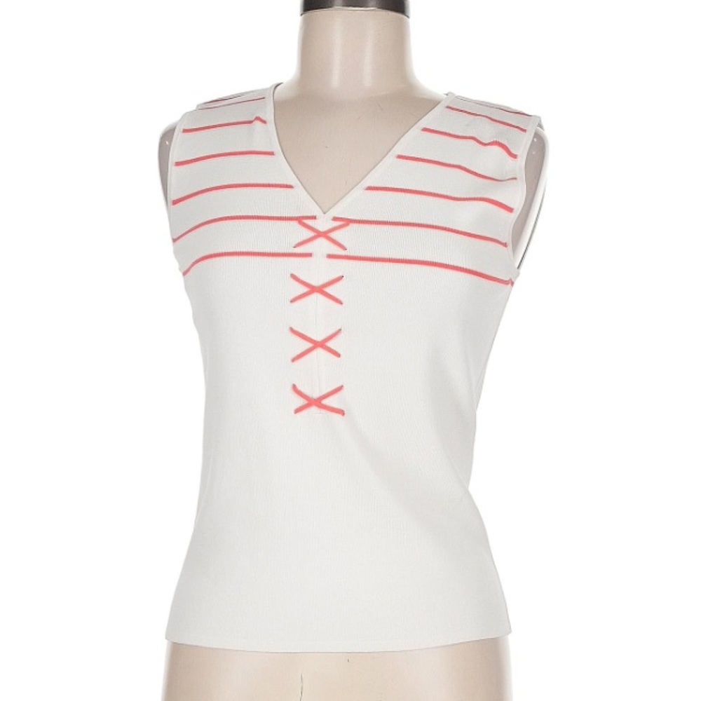 High Point White Sleeveless Top with Coral Pink Stripes